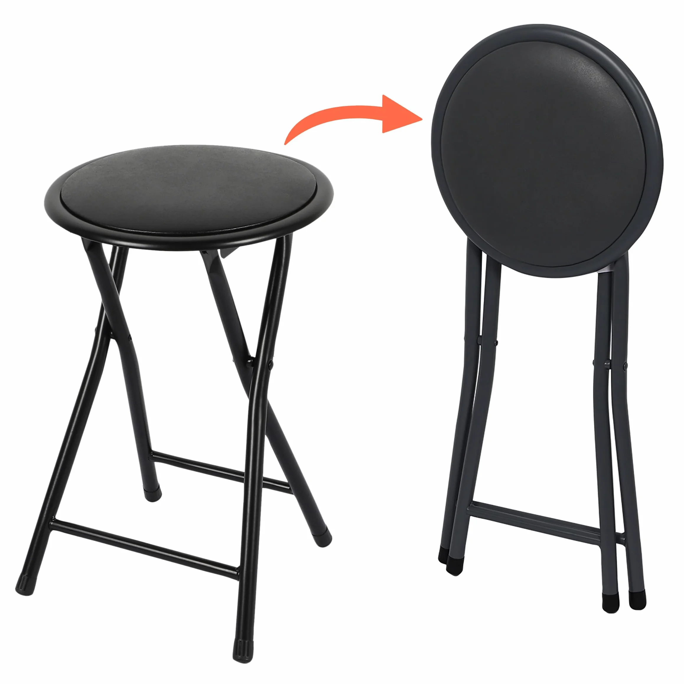 Spetebo Sgabello pieghevole in metallo, rotondo, nero, 45 x Ø 30 cm, pieghevole, con seduta imbottita, universale, pieghevole, per cucina, bagno, corridoio
