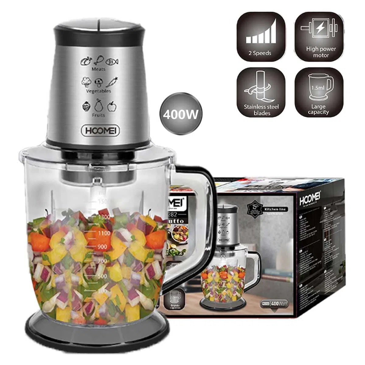 Tritattuto da Cucina Elettrico 1.5mL 400W, Frullatore per Frutta Carne Verdura, Funzionamento a Pressione + 2 Modalità Velocità