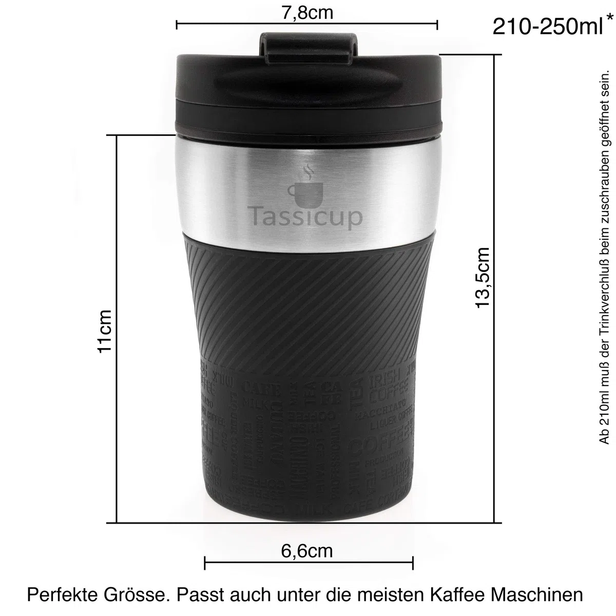 Tazza termica da viaggio, 250 ml, tazza da viaggio, in acciaio inox, per caffè, tè, caffè, caffè, tè, bevande, coperchio a prova di perdite, con chiusura a clip, colore nero