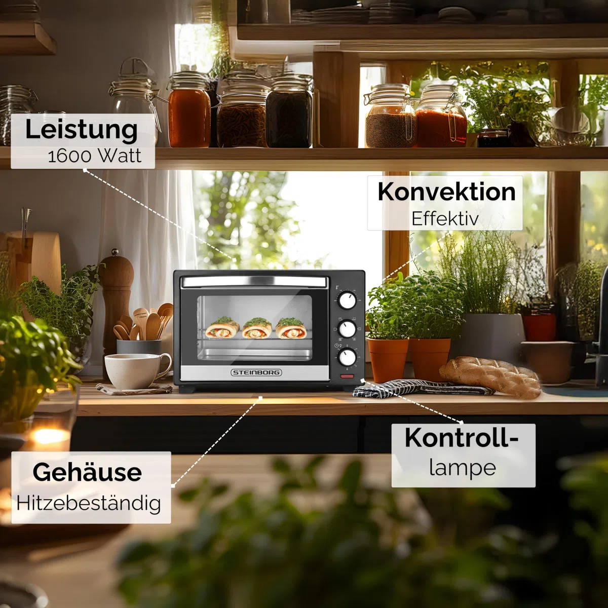 Steinborg Mini forno elettrico da 25 litri – forno per pizza 3 in 1 con calore superiore/inferiore e convezione d'aria, mini forno da 1600 Watt con timer da 60 minuti e teglia per briciole