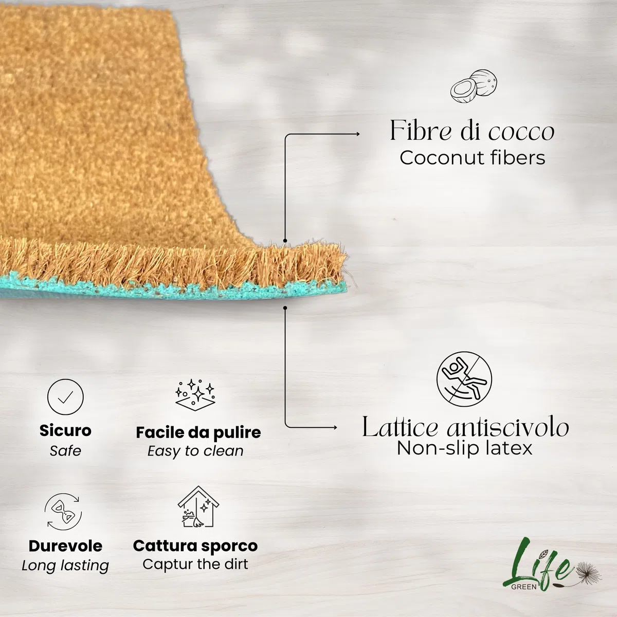 Zerbino Kera Animals con Fibre di Cocco, Tappeto Antisporco per Ingresso Rettangolare, 40X70 cm, Fondo in Lattice Antiscivolo – Stampa “I Love Cats”