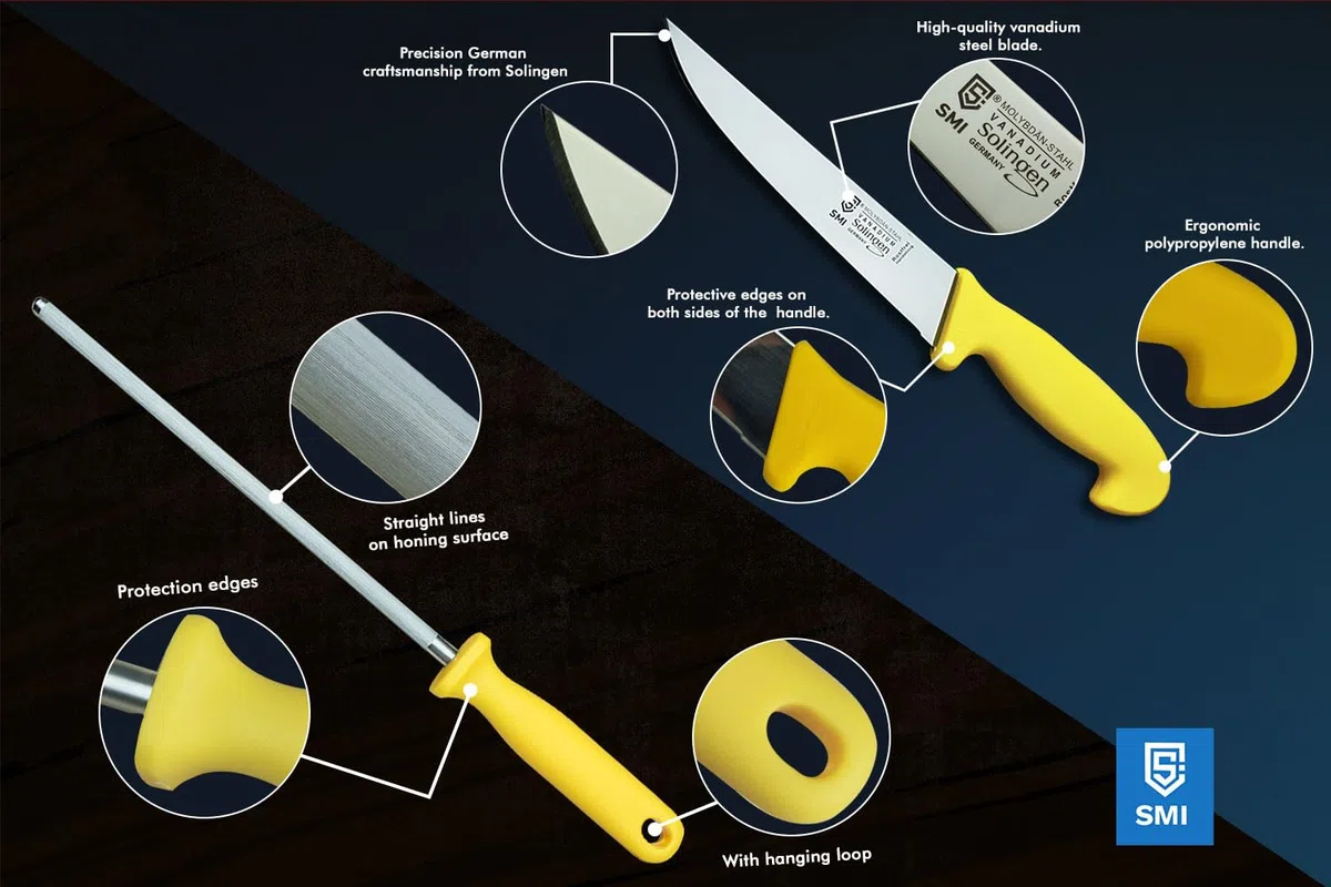 SMI 6 Pezzi Set Coltelli da Macellaio e Disosso Solingen Acciaio 1.4116 Manico Giallo + Affilacoltelli Made in Germany