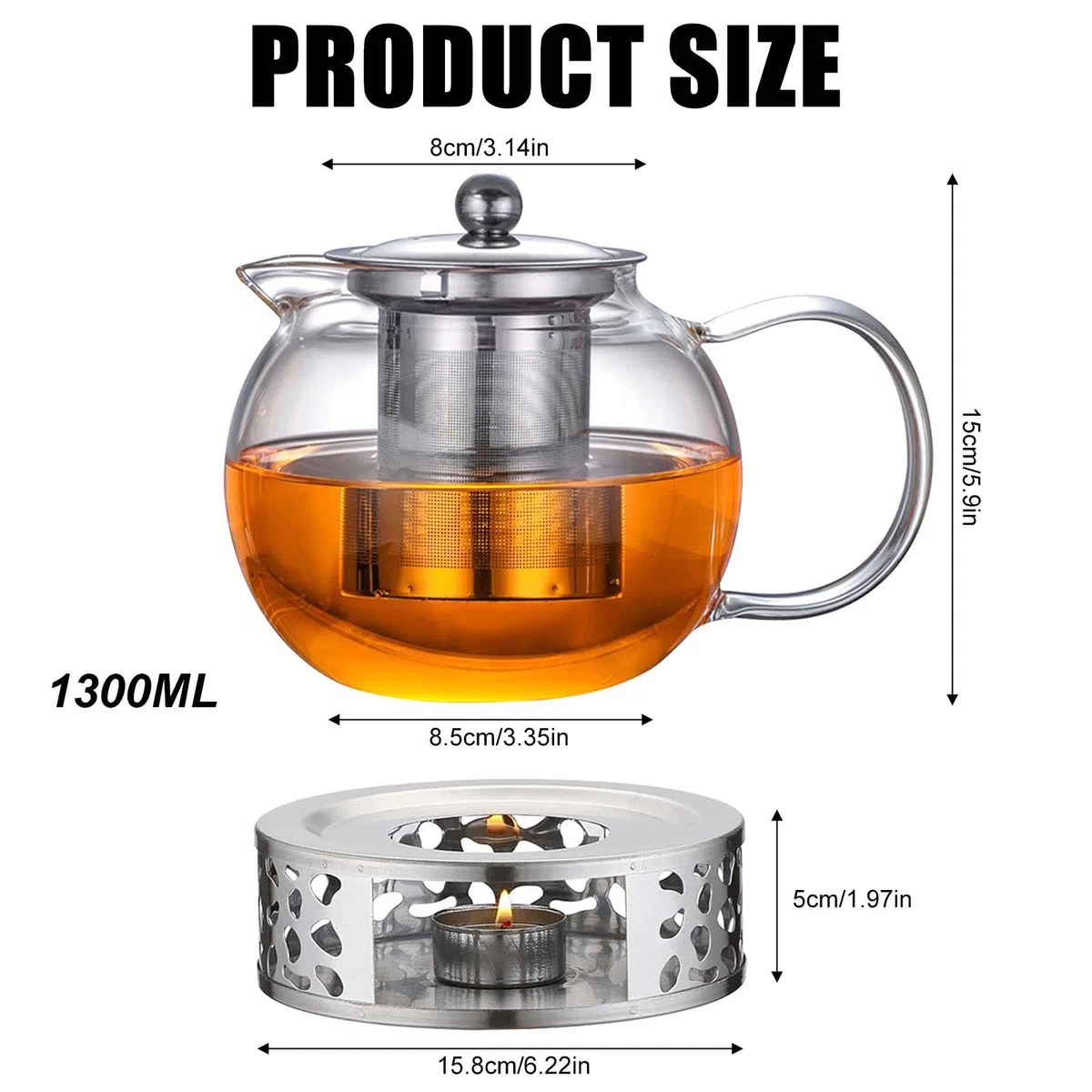 Teiera in vetro con fornellino, 1300 ml, teiera in vetro borosilicato con inserto in acciaio inox e coperchio rimovibile, incluso forno per tutti i tipi di tè (tè alle erbe, tè alla frutta, tè verde)