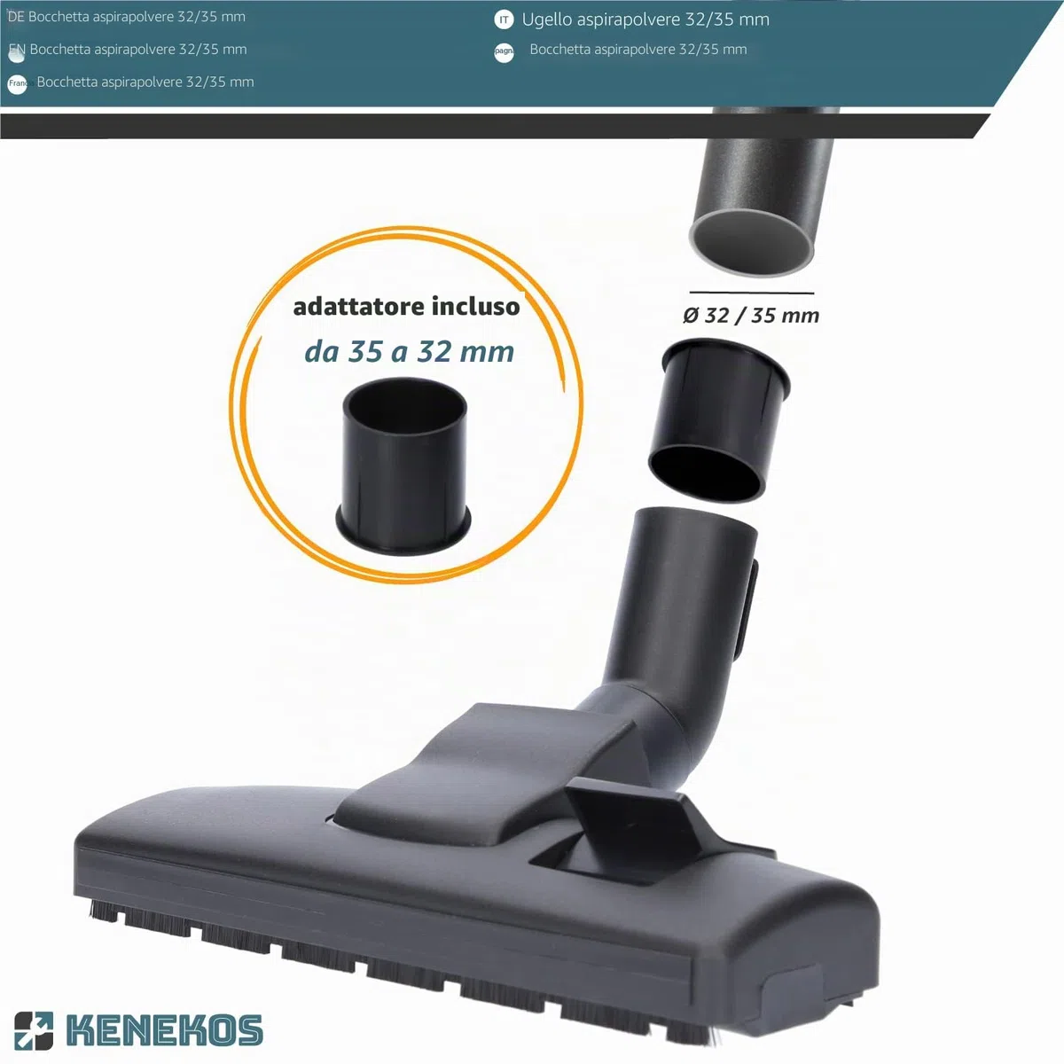 Kenekos - Bocchetta per aspirapolvere per Tubi da 32-35 mm Spazzola Universale per aspirapolvere, Bocchetta per Pavimenti in plastica con 2 rulli Compatibile con Miele AEG Siemens Bosch Kärcher ECC.