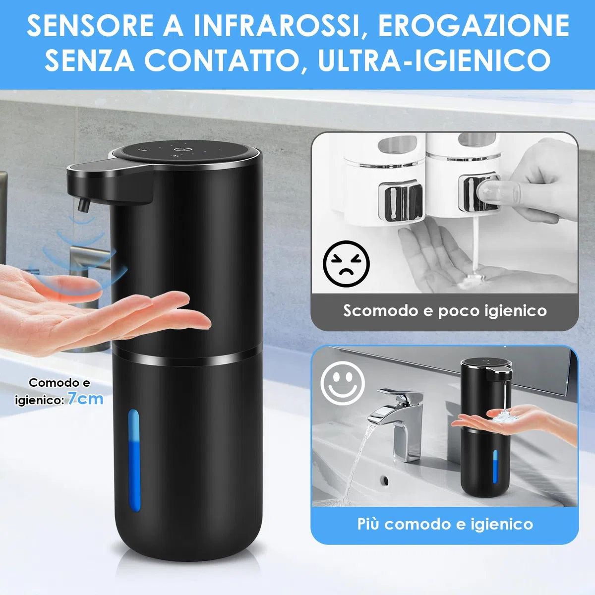 Dispenser Sapone Bagno, 380ml Dispenser Sapone Automatico, Dosatore Sapone Cucina Automatico con Sensore di Movimento Infrarossi, Usb Ricaricabile, Impermeabile IPX5, Per Bagno,Cucina (Nero)