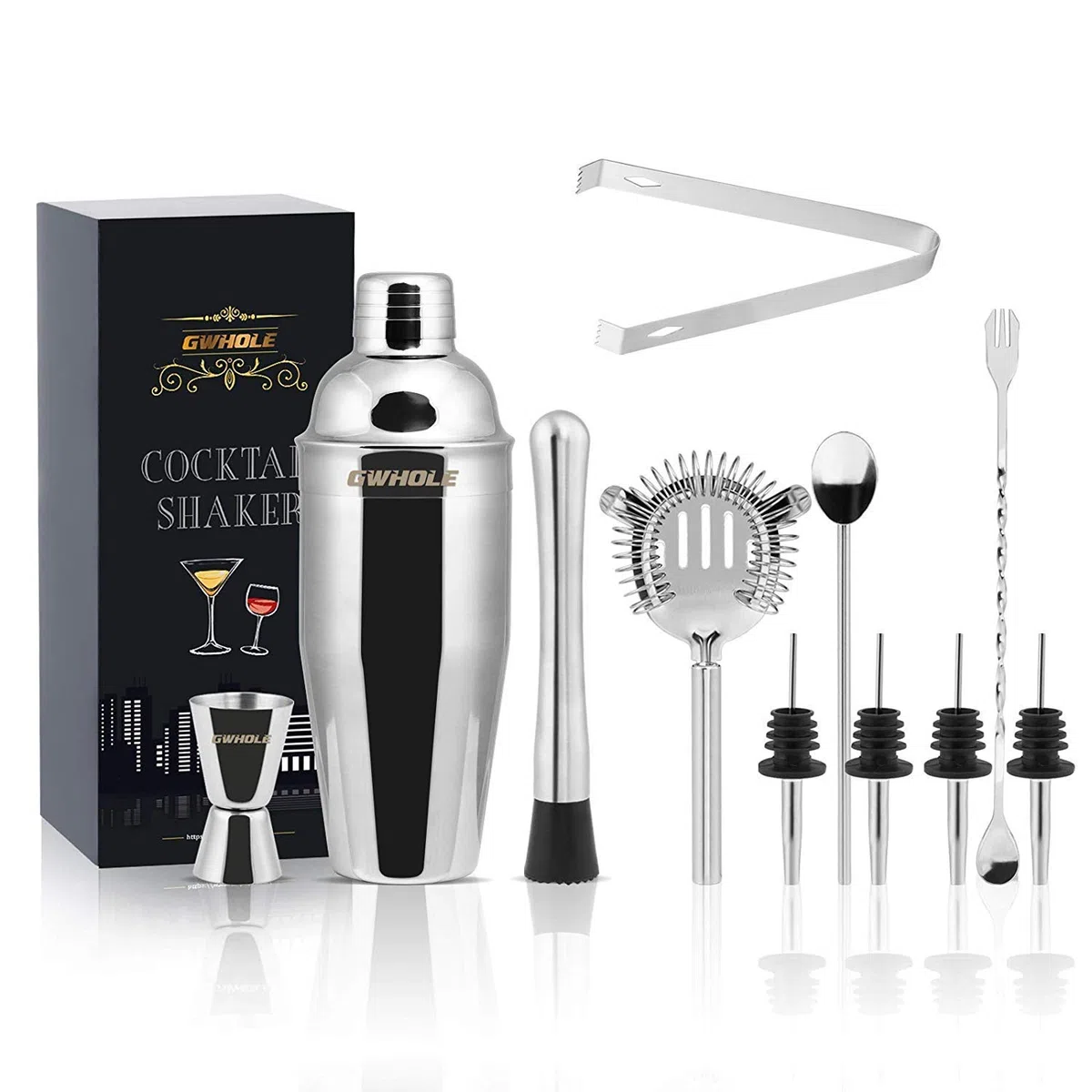 GWHOLE Set di 11 Shaker per Cocktail, Kit da Barman in Acciaio Inox con Ricette (e-Book) in Elegante Scatola Regalo