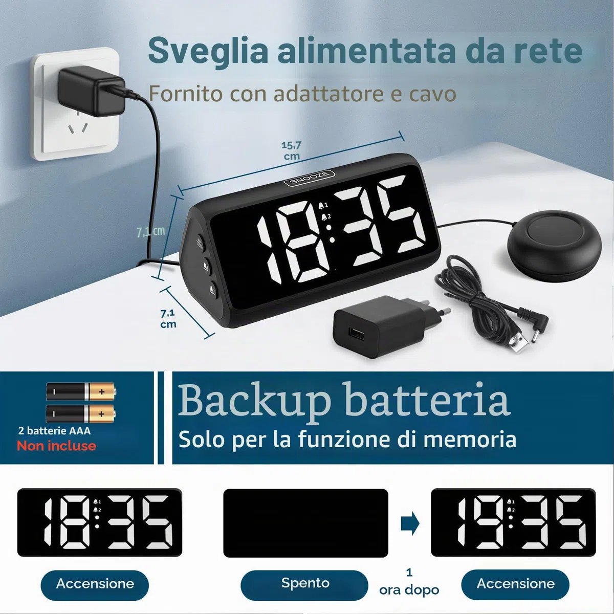 Sveglia forte per dormiente profondo, sveglia forte con vibrazione, doppio allarme, indicatore LED, 5 livelli di luminosità, 4 volumi, snooze, sveglia vibrante per anziani, adolescenti, non udenti