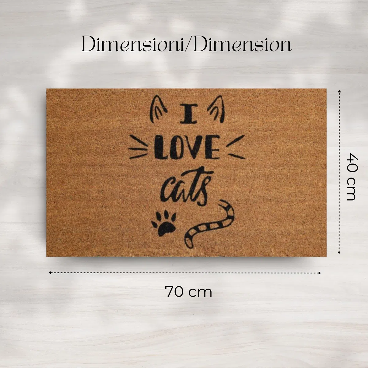 Zerbino Kera Animals con Fibre di Cocco, Tappeto Antisporco per Ingresso Rettangolare, 40X70 cm, Fondo in Lattice Antiscivolo – Stampa “I Love Cats”