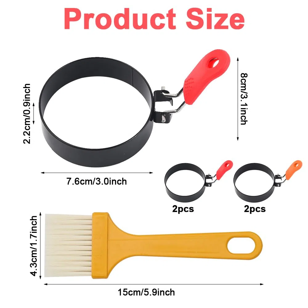 4 Pezzi Stampo Pancake 7.6cm con Maniglia Pieghevole Anelli per Uova in Acciaio Inox con Manici Pieghevoli in Silicone e Spazzola per Olio Stampo per Pancake per Omelette Frittelle Dolci Muffin