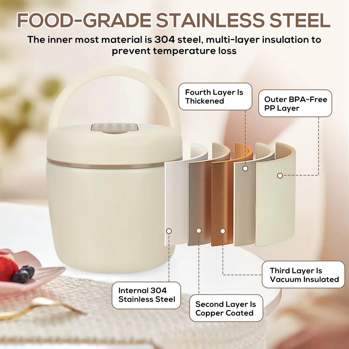 Cozary Thermos per Alimenti Caldi 1200 ml, Contenitore Termico per Alimenti Caldi in 304 Acciaio Inox, Lunch Box Termico con Cucchiaio Pieghevole per Zuppa, Pasta
