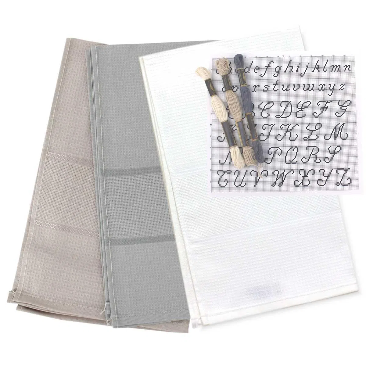 3 Pezzi di Strofinacci da Cucina da Ricamare a Punto Croce con 3 Matassine di filo e Schema Ricamo, Set di 3 Canovacci con Tela Aida + 3 Matassine di filo + 1 Schema Alfabeto (MIX 3)