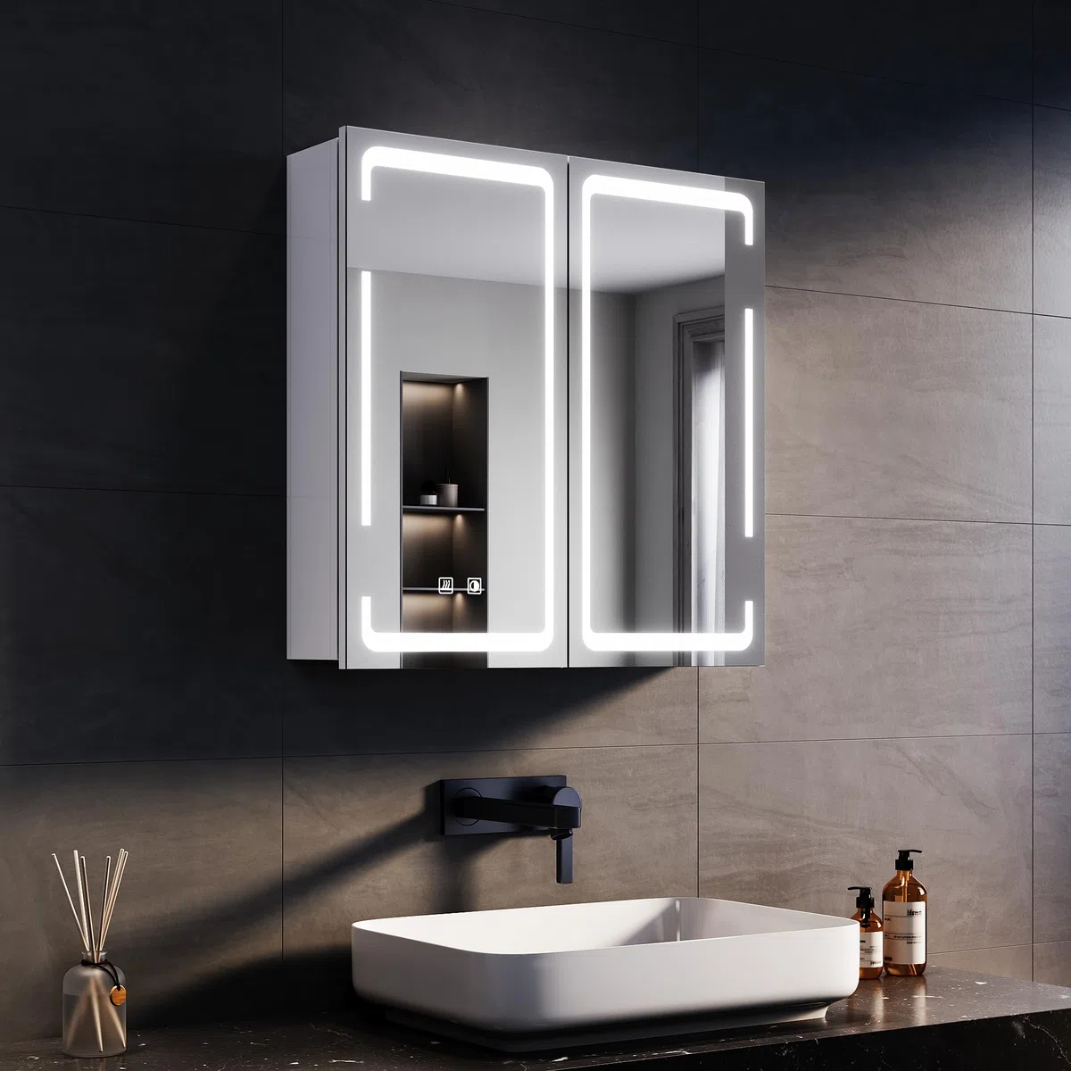 SONNI Armadietto Specchio Bagno con Illuminazione, 3 Colori Luce Regolabile Antiappannamento LED, Mobile Bagno con Specchio Verniciato Ferro a Singola, Design Armadietto Medicina,59x60x14cm