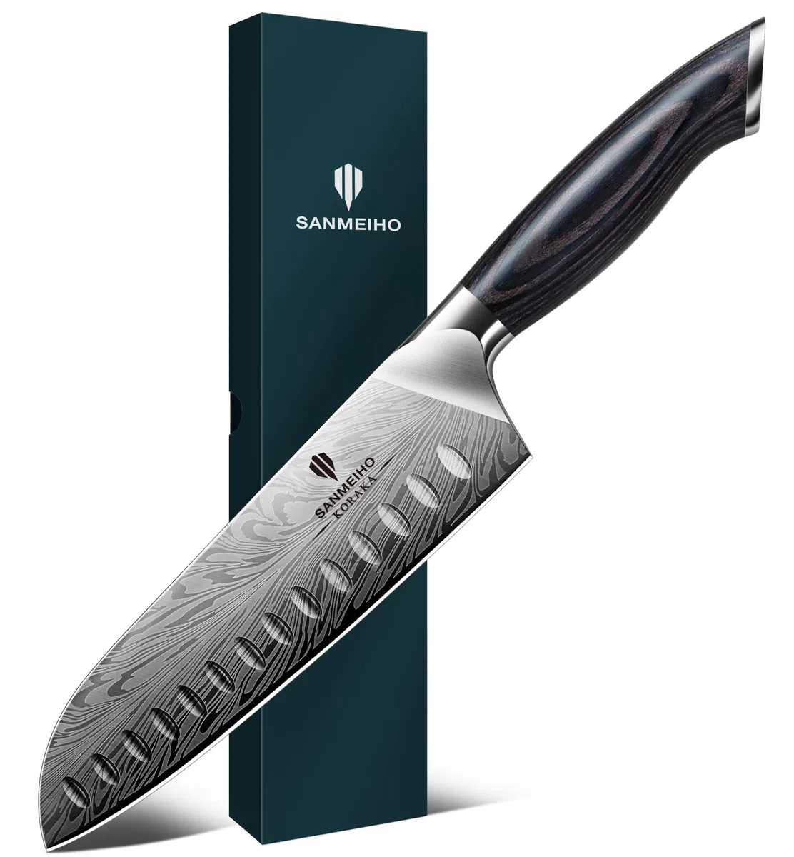 SANMEIHO Coltelli da Cucina in Acciaio a Polvere, Coltello Giapponese Santoku 20 cm Ultra Affilati Coltello da Chef Multiuso Professionale ad alto Tenore di Carbonio con Manico Ergonomica in Pakkawood