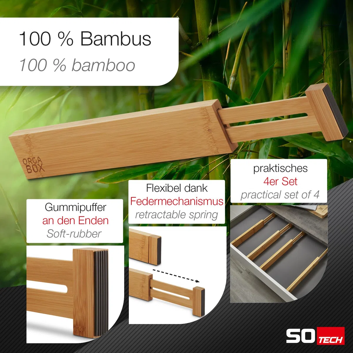ORGA-BOX Sistema di divisori per cassetti in bambù 4 parti 430-556 mm Divisore per cassetti, divisore per cassetti con meccanismo a molla