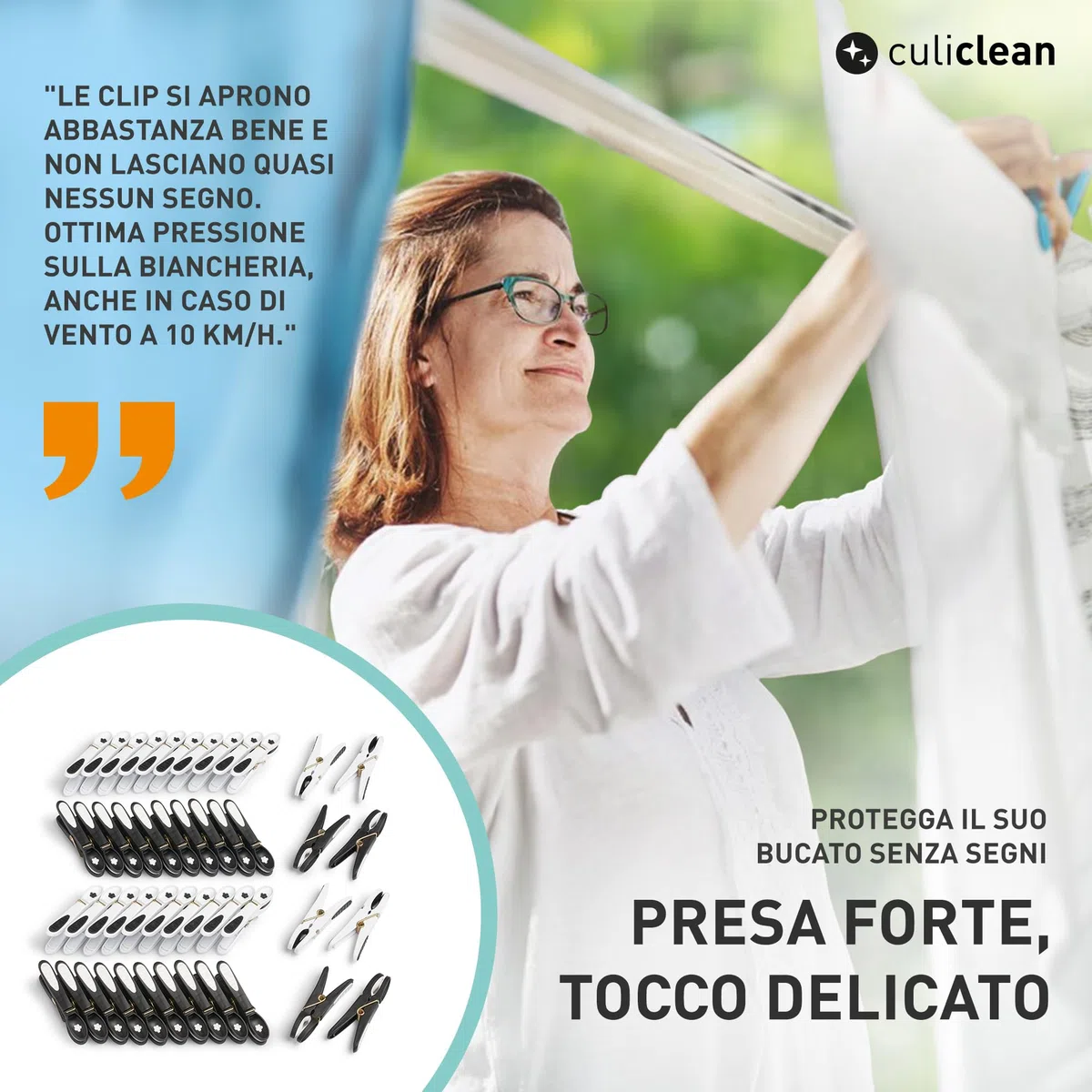 culiclean - Mollette da bucato premium, diversi modelli, Plastica, bianco e nero con cestino bianco e manico nero., 40 Stück+ 1 Korb