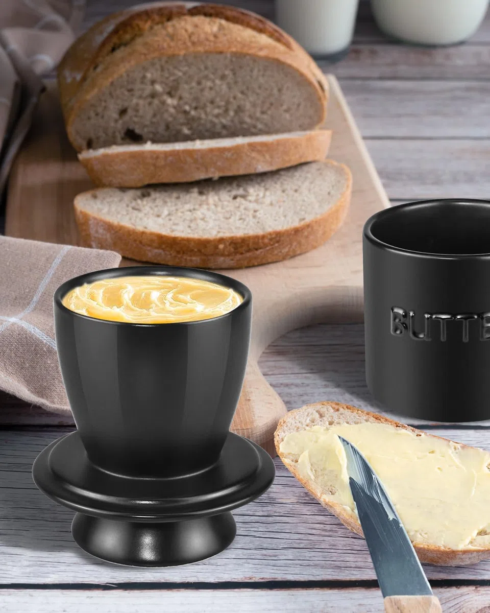 Burriera in ceramica con coperchio, campana per burro francese in porcellana, burro crock grigio con linea di galleggiamento, per burro morbido (nero)