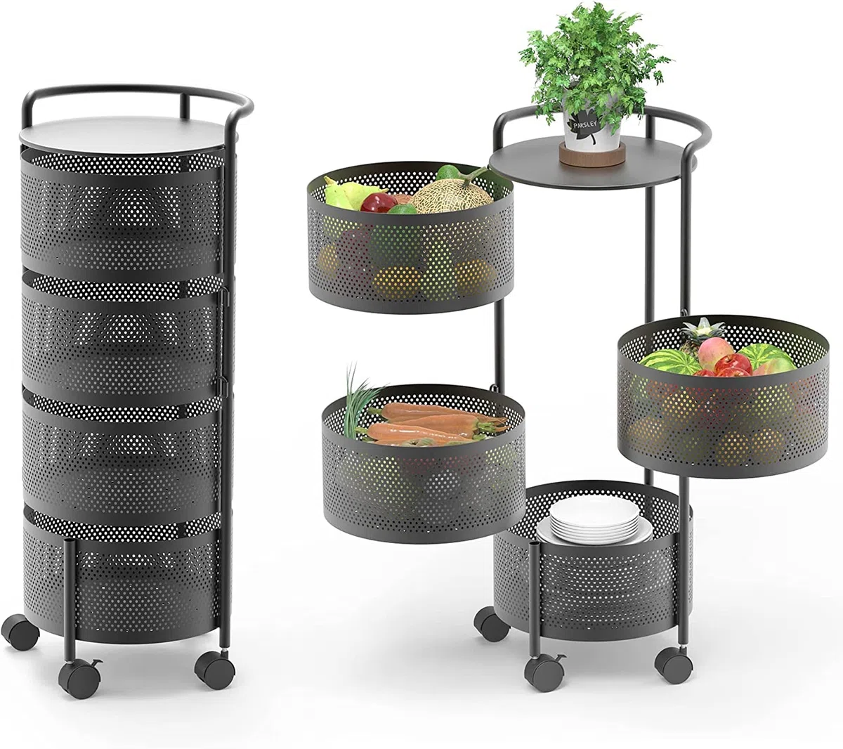 Megashopitalia Carrello Porta verdure Cesto di Frutta a 5 Livelli con Ruote per Conservare da Cucina Nero 34 X 30 X 75 CM H