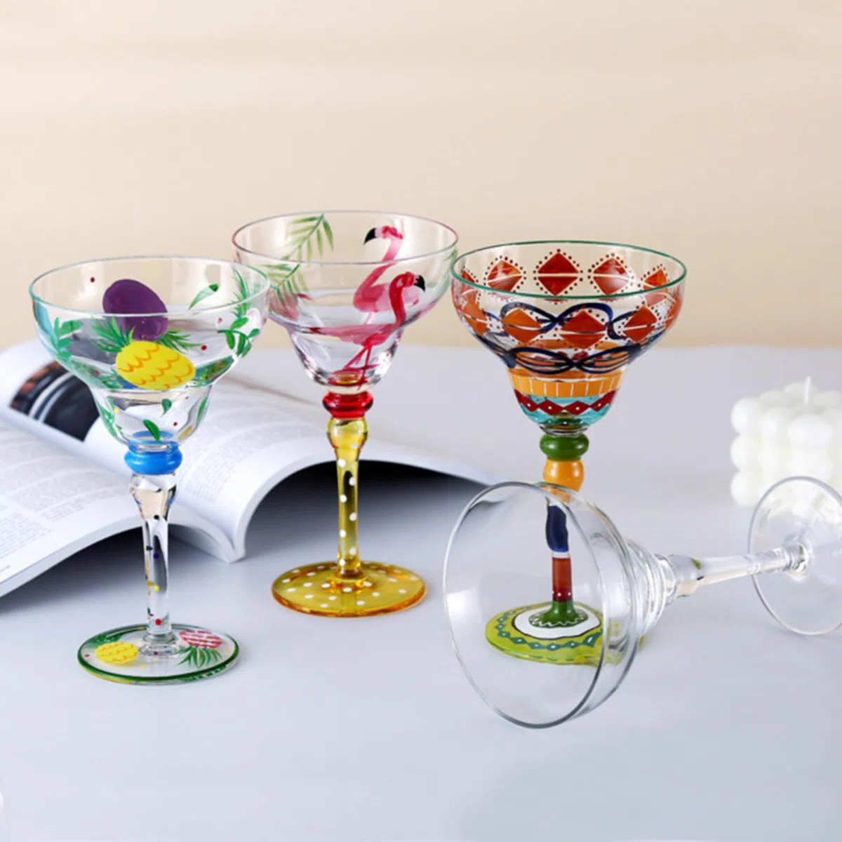 Bicchieri da margarita soffiati a mano, bicchieri da bar, bicchieri da cocktail, bicchieri per feste in casa, matrimoni, cristallini, con uccellini (pear)