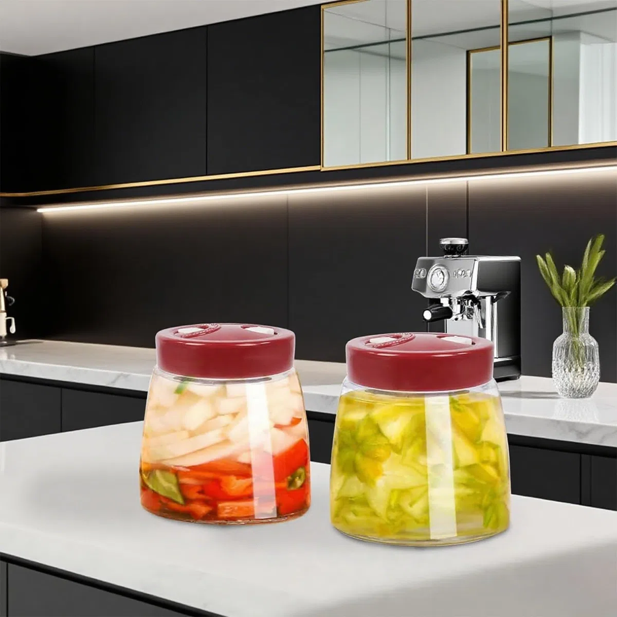 Set di 2 bicchieri da fermentazione da 1 l, con valvola dell'aria, per kimchi, contenitore per fermentazione di crauti e lievitazione, contenitore in vetro per kombucha e verdure, senza BPA