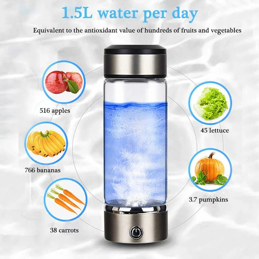 Ricca Tazza di Idrogeno, Ionizzatore D'acqua Ricaricabile Bottiglie di Vetro Portatili con Energia Alcalina 3 Minuti di Microelettrolisi Produzione di Idrogeno