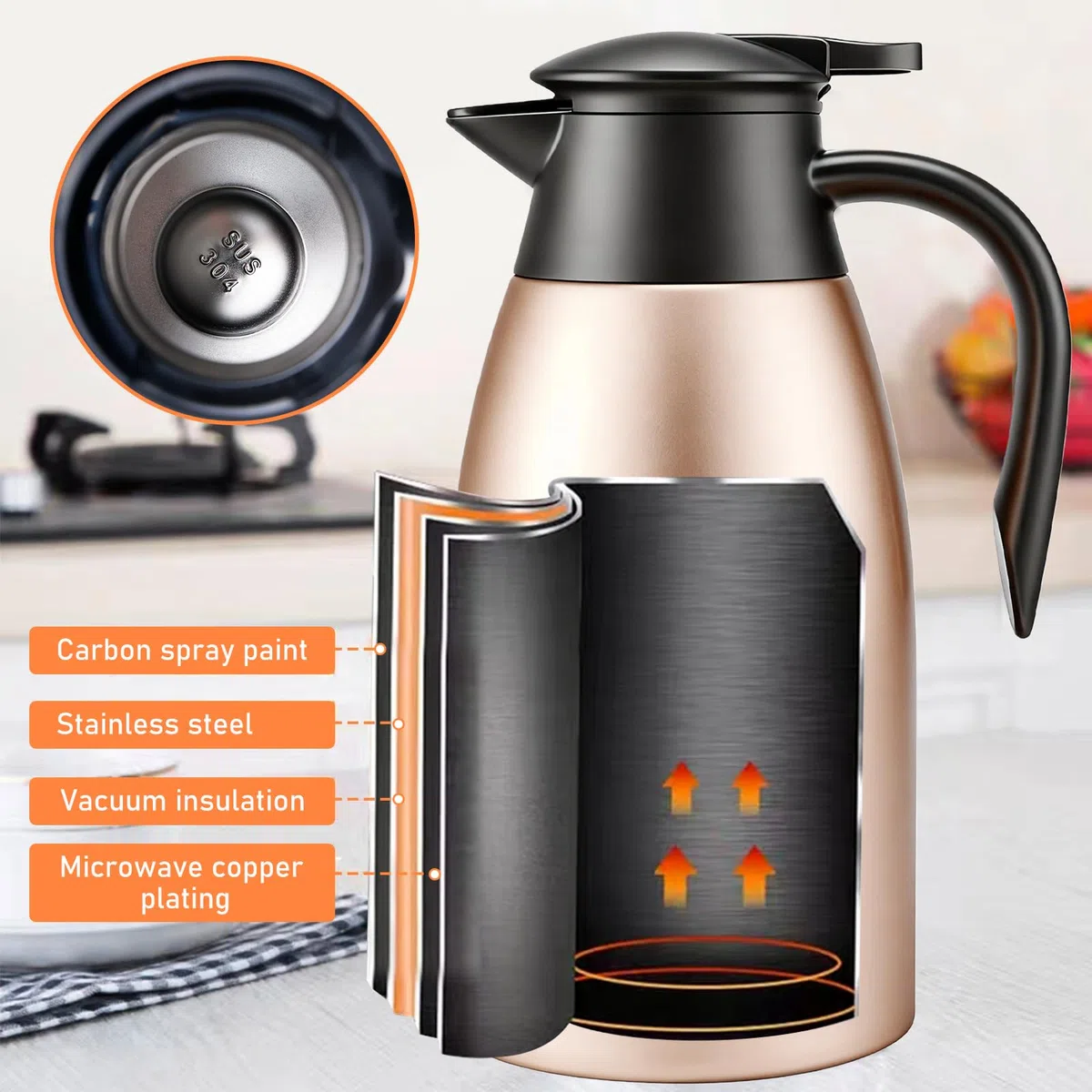 Thermos da 2 litri, thermos a doppia parete, isolamento sottovuoto, caffettiera isolata con manico e beccuccio, caffettiera per caffè caldo e freddo (colore oro rosa)