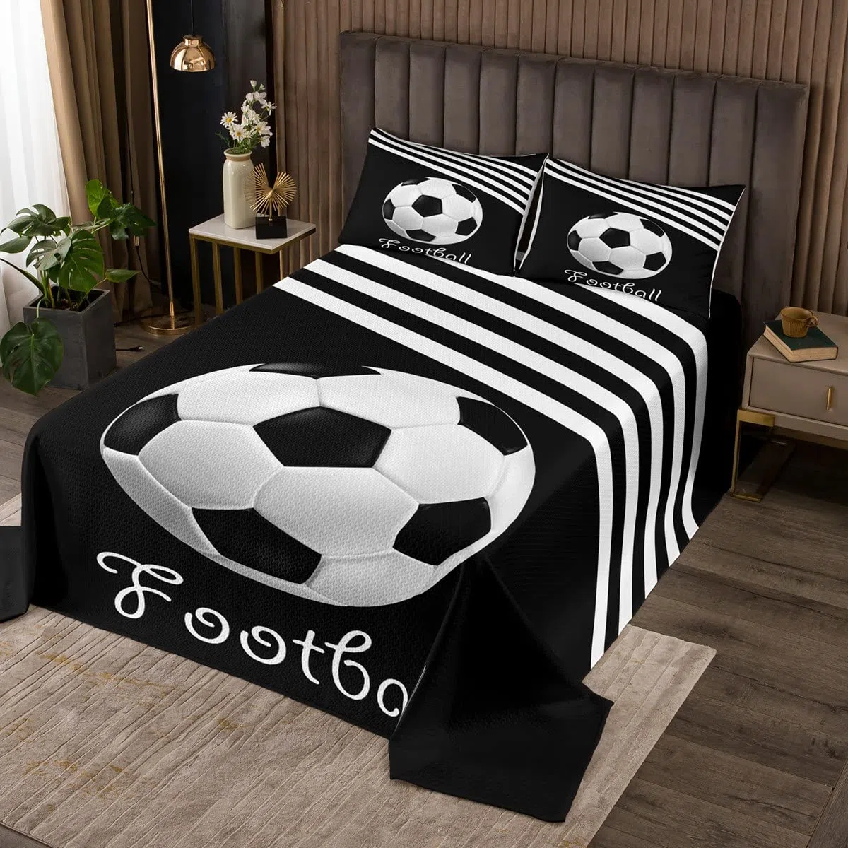 Homemissing Copriletto trapuntato con pallone da calcio, calcio, sport, a righe, per bambini, ragazzi, moderno, bianco, nero, 3 pezzi