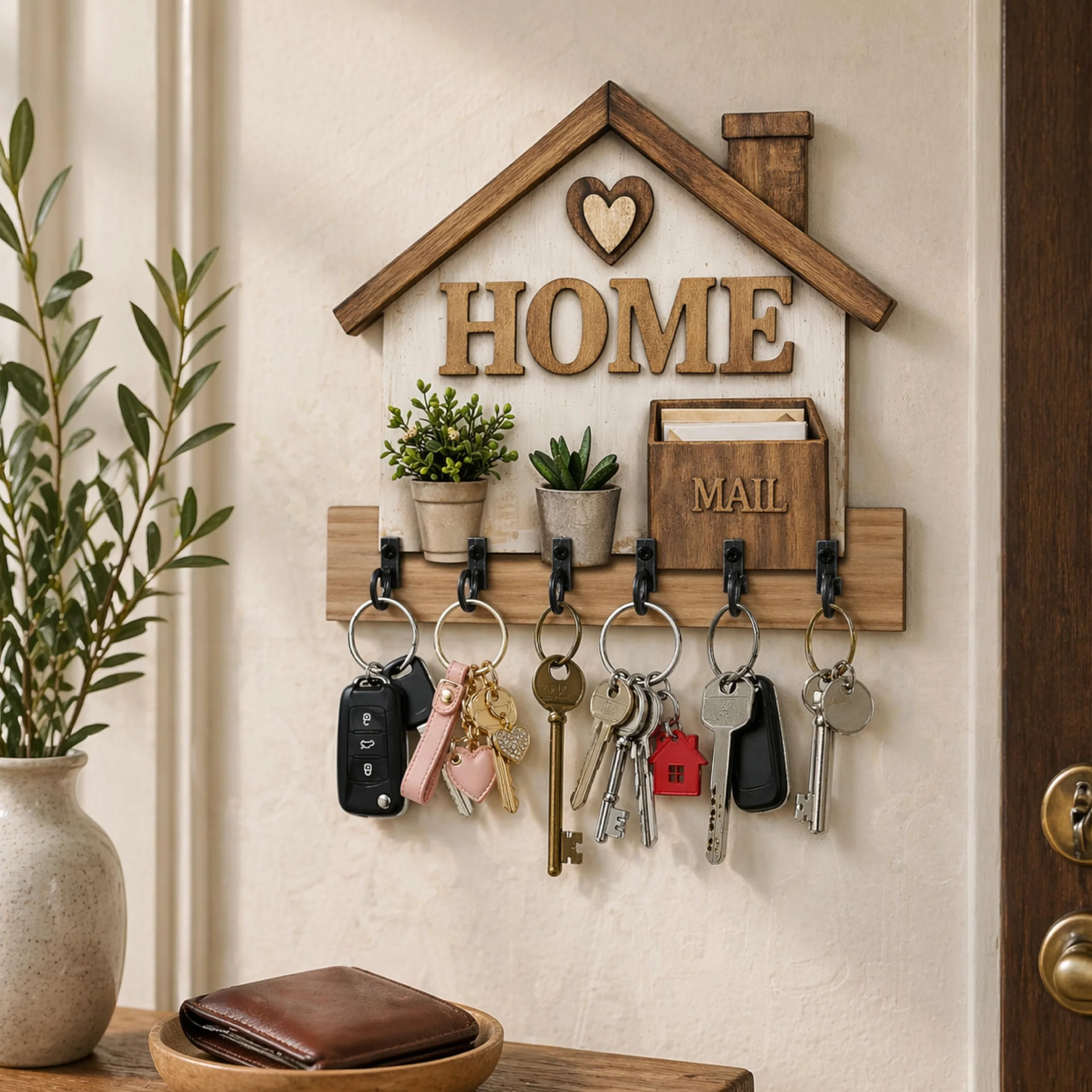 DEKORI Appendichiavi da Parete HOME in Legno Portachiavi da Muro 6 Ganci Metallo Decorazione Ingresso Casa Stile Country Moderno Organizer Chiavi Parete Made in Italy