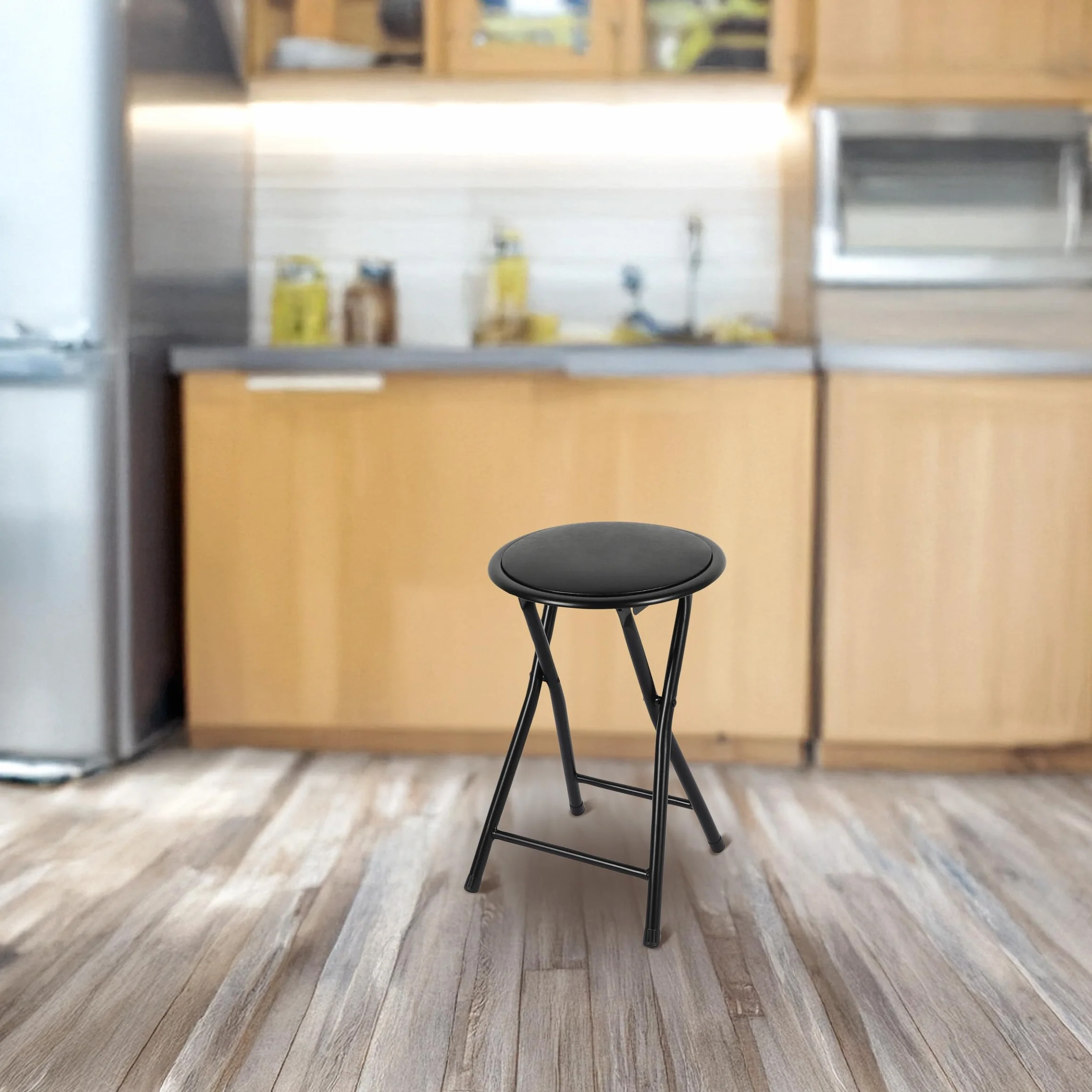 Spetebo Sgabello pieghevole in metallo, rotondo, nero, 45 x Ø 30 cm, pieghevole, con seduta imbottita, universale, pieghevole, per cucina, bagno, corridoio