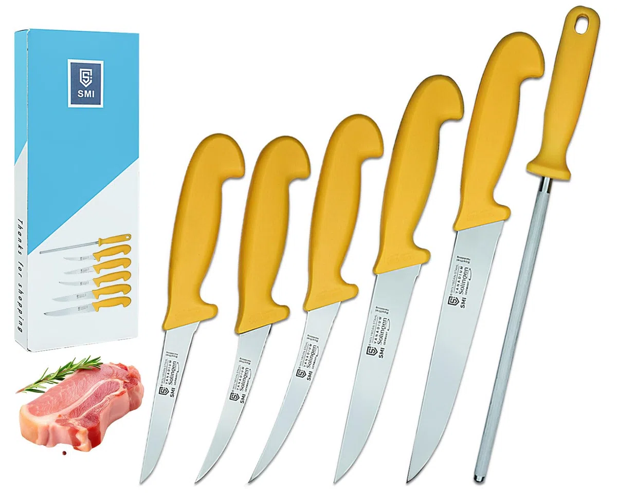 SMI 6 Pezzi Set Coltelli da Macellaio e Disosso Solingen Acciaio 1.4116 Manico Giallo + Affilacoltelli Made in Germany