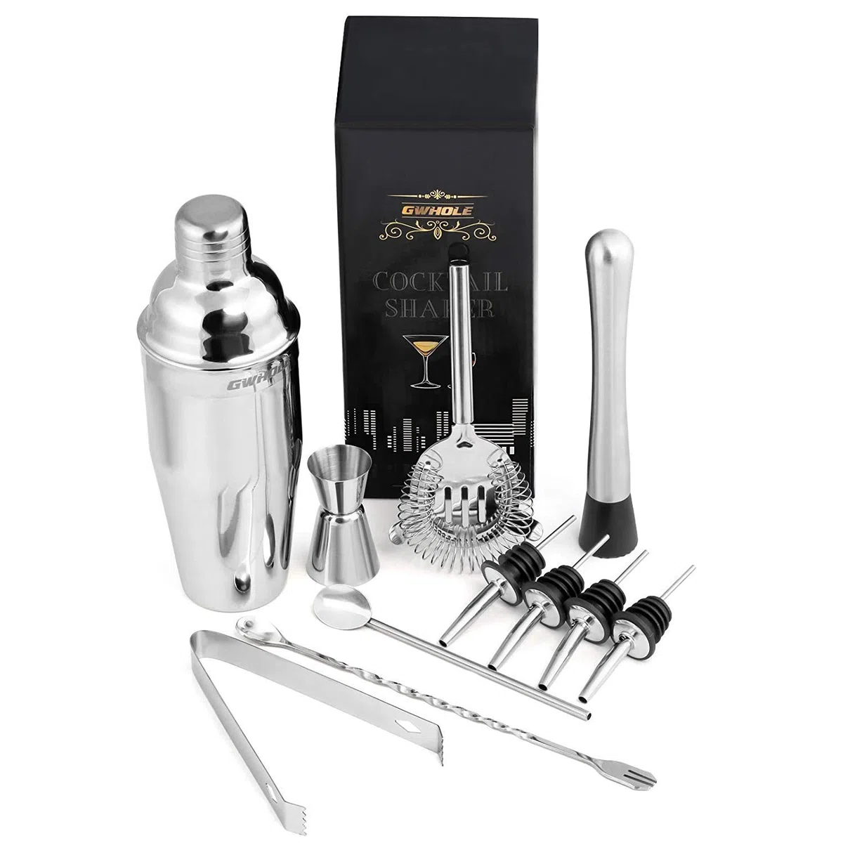 GWHOLE Set di 11 Shaker per Cocktail, Kit da Barman in Acciaio Inox con Ricette (e-Book) in Elegante Scatola Regalo