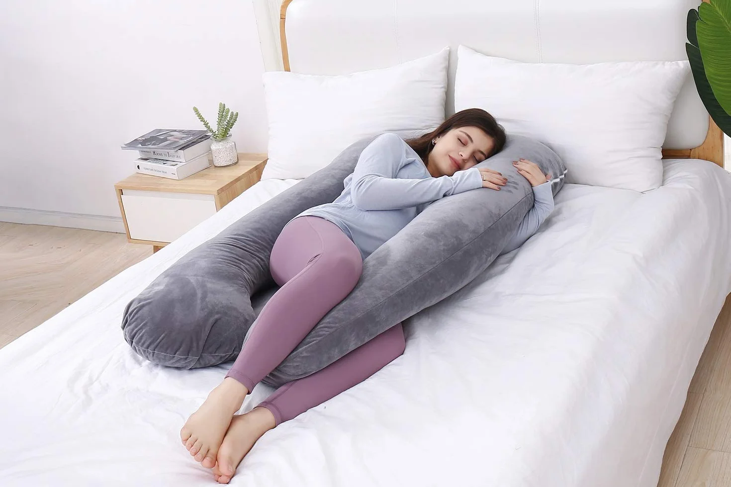 Cuscino per gravidanza, a forma di U, cuscino per allattamento, supporto e maternità per donne incinte con rivestimento in velluto rimovibile (grigio)