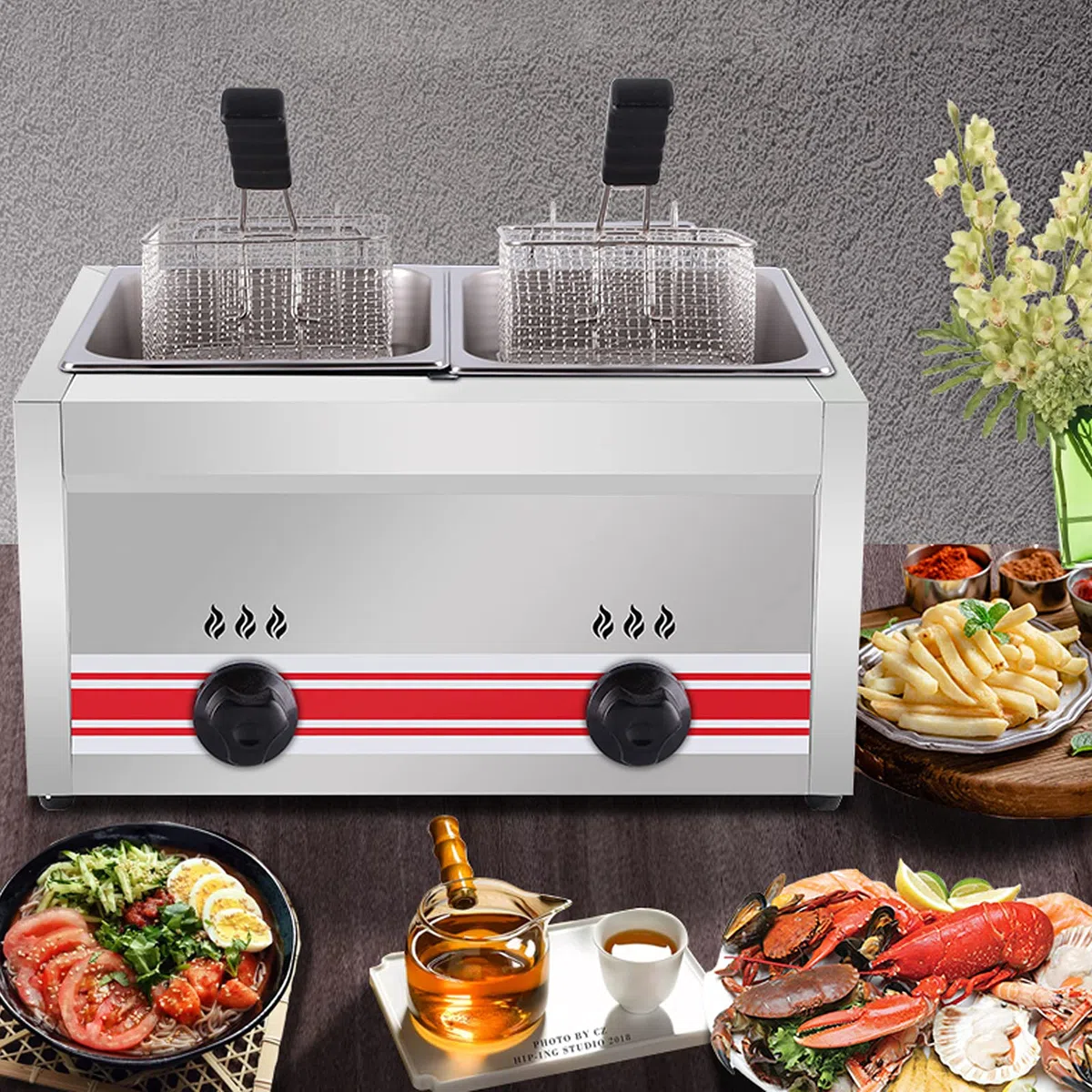 Friggitrice a gas, grande capacità, in acciaio inox, per uso domestico e commerciale, potenza di fuoco regolabile, include cestini e coperchi per patatine, ciambelle e pesce