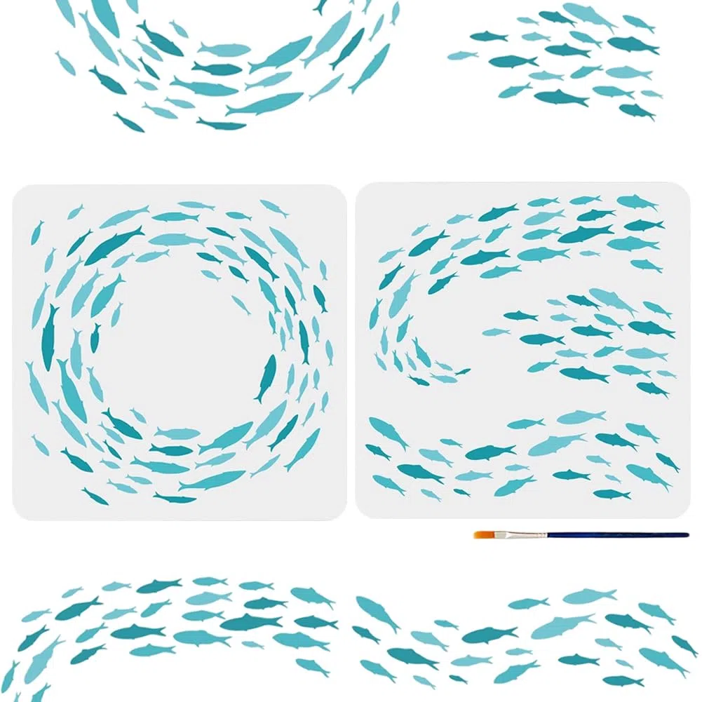 MAYJOYDIY 2 stencil a forma di scuola di pesce, 30 x 30 cm, con pennello per vernice, riutilizzabile, grande modello a tema oceano, per artigianato e decorazioni su legno, pareti, mobili, tessuto