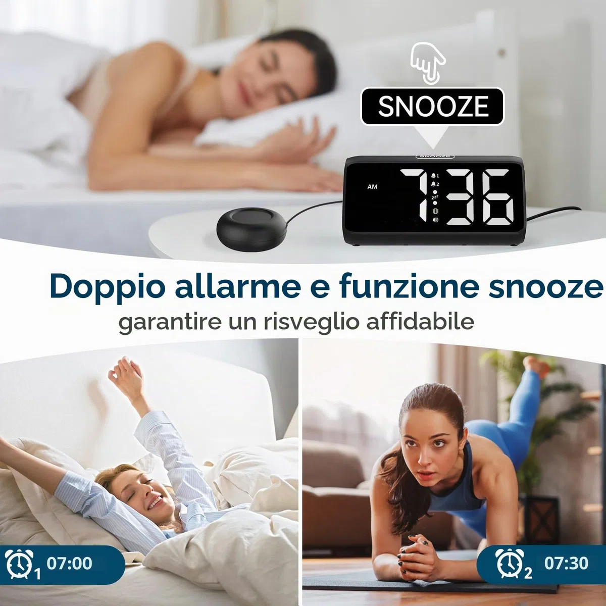 Sveglia forte per dormiente profondo, sveglia forte con vibrazione, doppio allarme, indicatore LED, 5 livelli di luminosità, 4 volumi, snooze, sveglia vibrante per anziani, adolescenti, non udenti