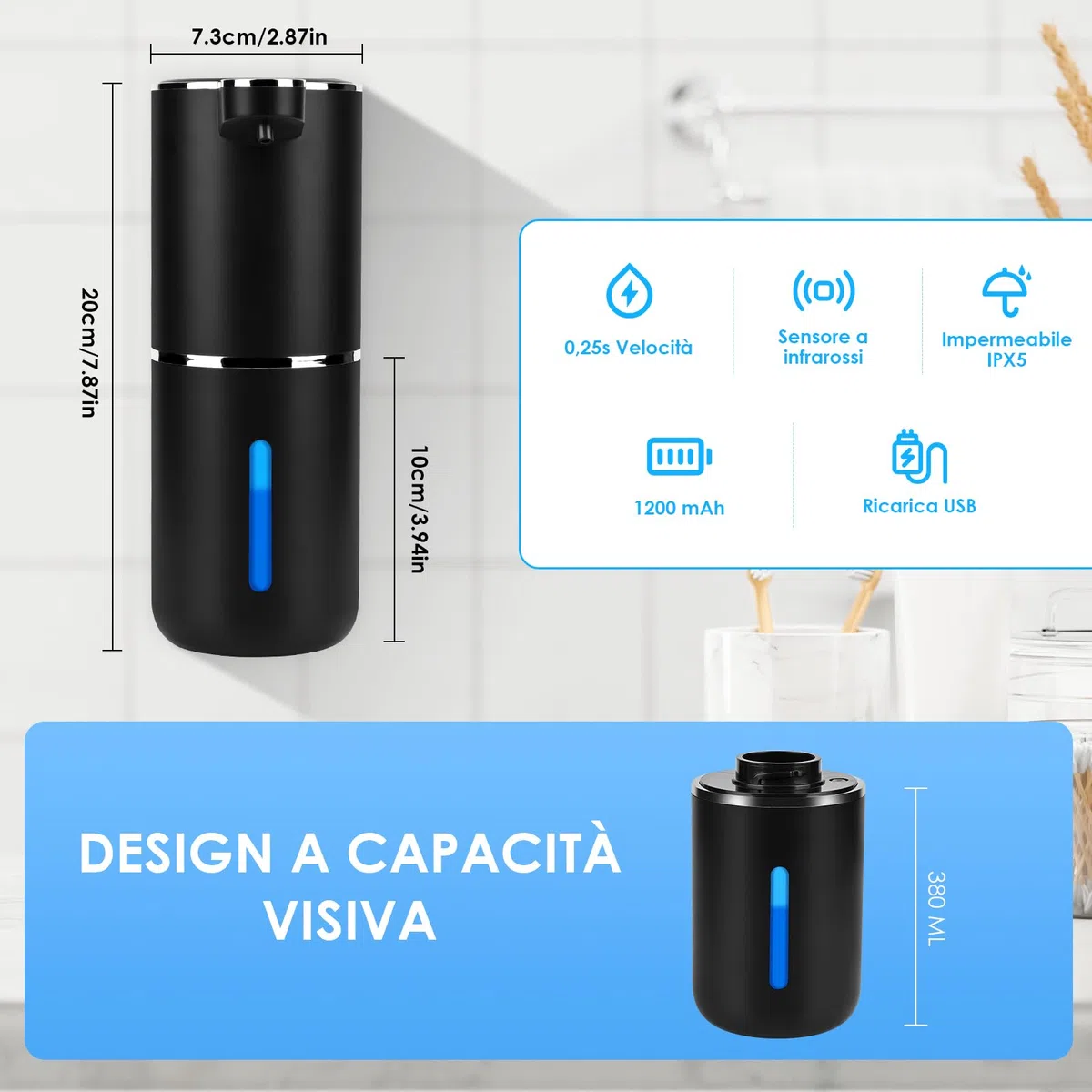 Dispenser Sapone Bagno, 380ml Dispenser Sapone Automatico, Dosatore Sapone Cucina Automatico con Sensore di Movimento Infrarossi, Usb Ricaricabile, Impermeabile IPX5, Per Bagno,Cucina (Nero)