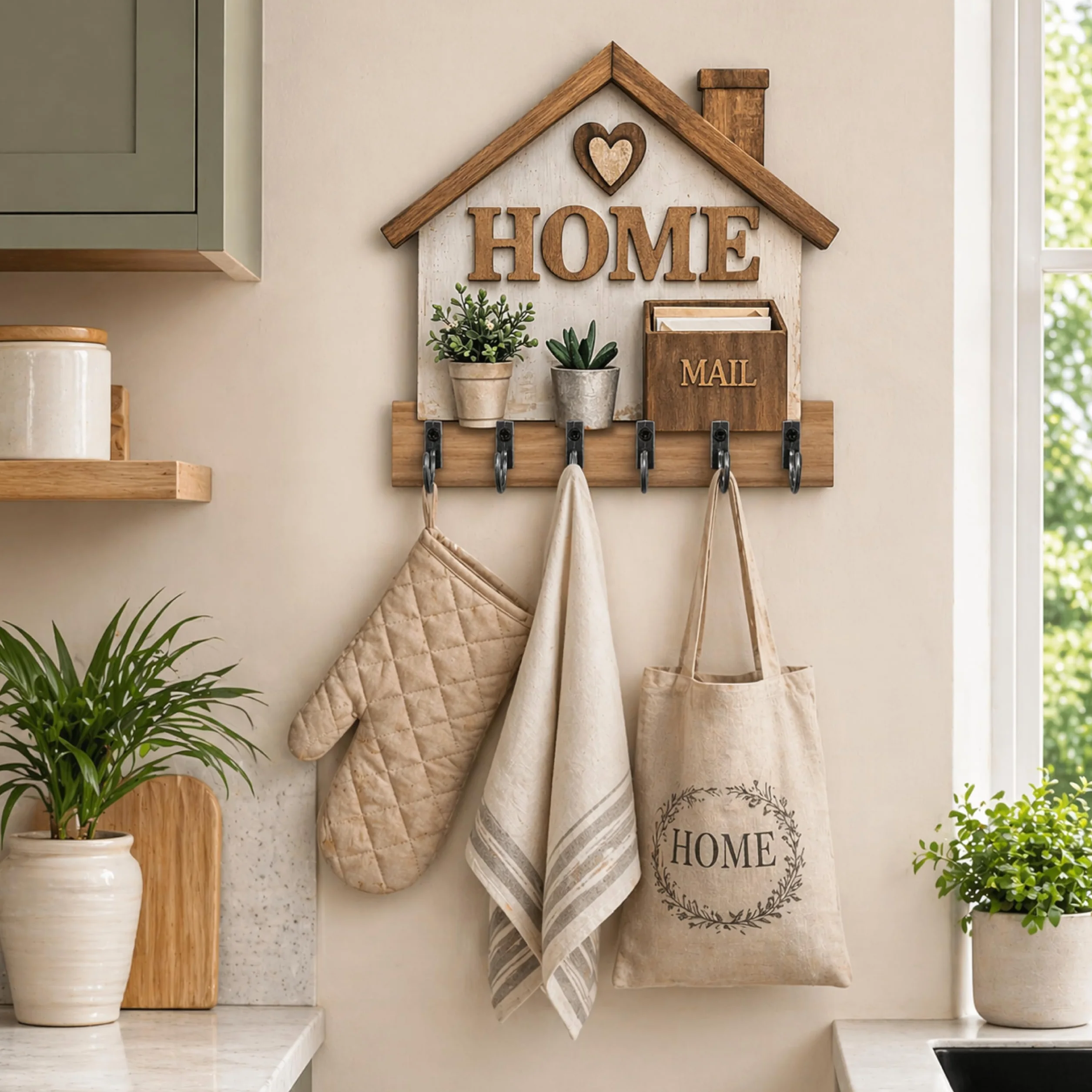 DEKORI Appendichiavi da Parete HOME in Legno Portachiavi da Muro 6 Ganci Metallo Decorazione Ingresso Casa Stile Country Moderno Organizer Chiavi Parete Made in Italy