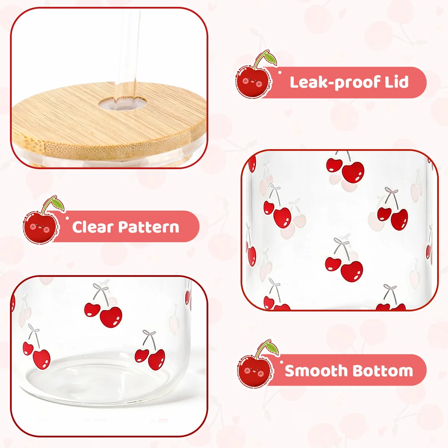 Bicchiere Estivo in Vetro con Motivo Ciliegia, Bicchiere Riutilizzabile per Bevande, con Coperchio in bambù E Cannuccia, Contenitore Portatile per Drink Freddi,