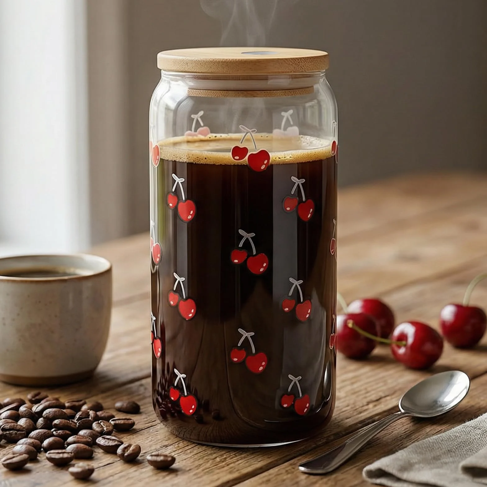Bicchiere Estivo in Vetro con Motivo Ciliegia, Bicchiere Riutilizzabile per Bevande, con Coperchio in bambù E Cannuccia, Contenitore Portatile per Drink Freddi,