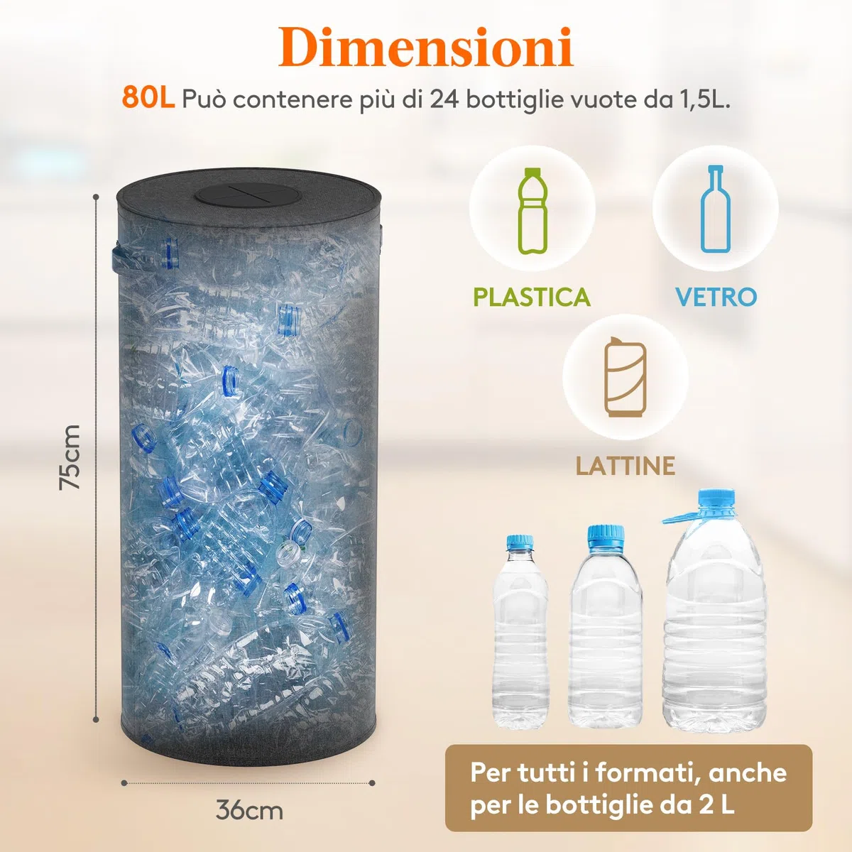 Lifewit 80L Rotonde Conservazione Delle Bottiglie con Coperchio, Pattumiera Differenziata per Bottiglia Plastica e Bottiglia Vetro, Raccolta Riciclaggio con Foro, Pattumiera Cucina, Nero
