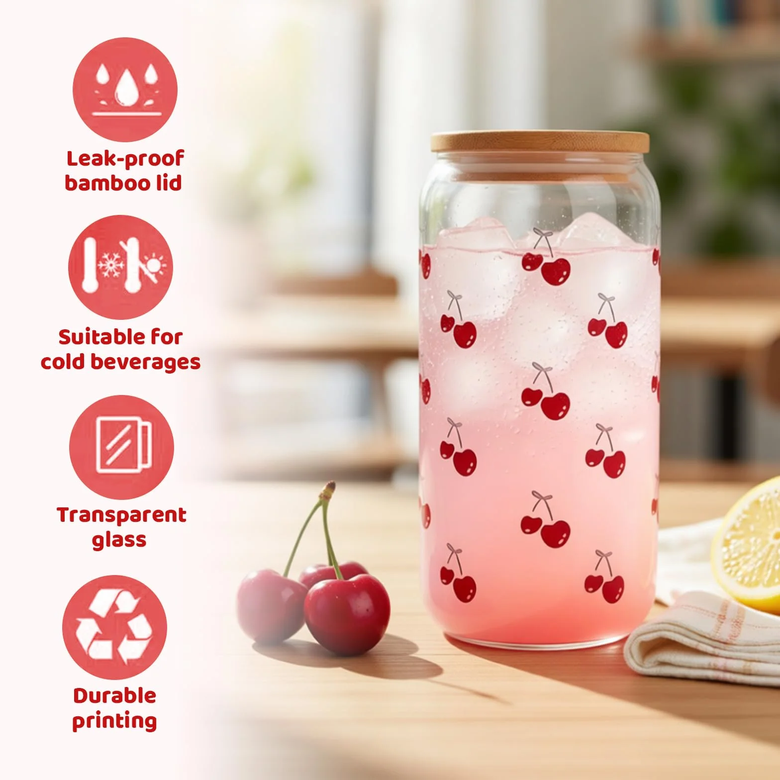 Bicchiere Estivo in Vetro con Motivo Ciliegia, Bicchiere Riutilizzabile per Bevande, con Coperchio in bambù E Cannuccia, Contenitore Portatile per Drink Freddi,