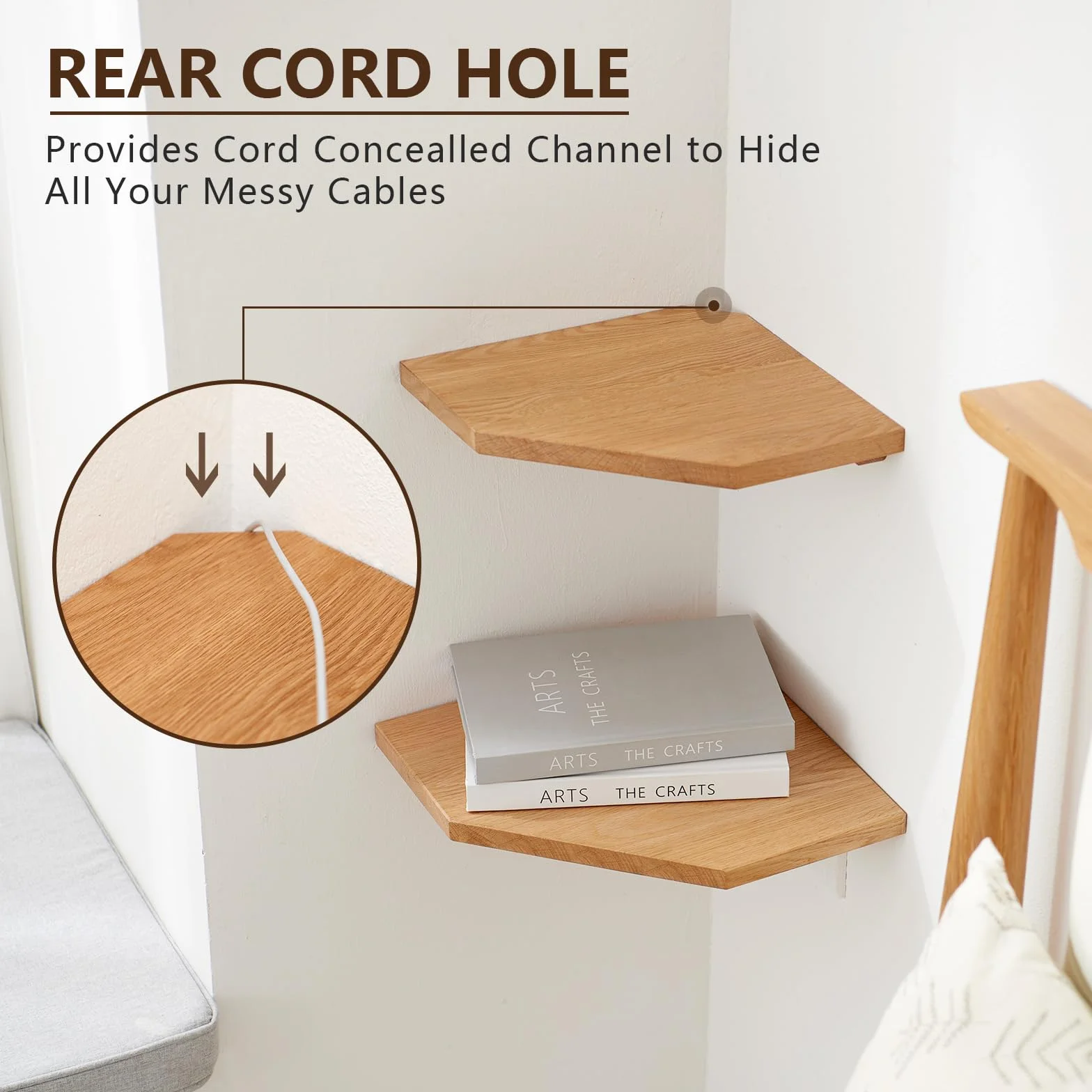 Mensola Angolare in Legno di Quercia da Parete Con Foro per Cavi, Sospesa per Piante, Camera da Letto, Soggiorno, Cucina (30 cm)