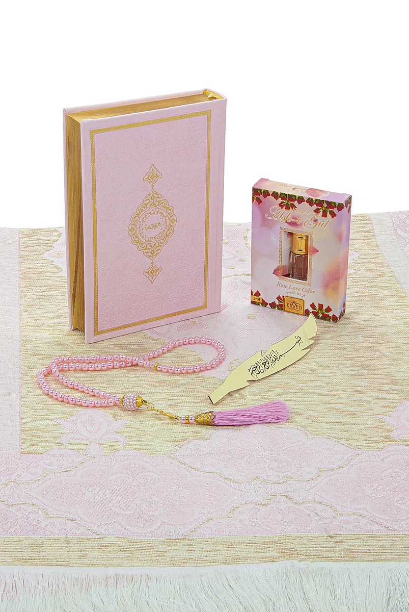 ihvan online Set regalo di preghiera per uomini e donne, tappeto da preghiera musulmana, tappetino Salah, perline Taasbih, arabo, Santo Corano, set regalo islamico per Ramadan ed Eid, rosa