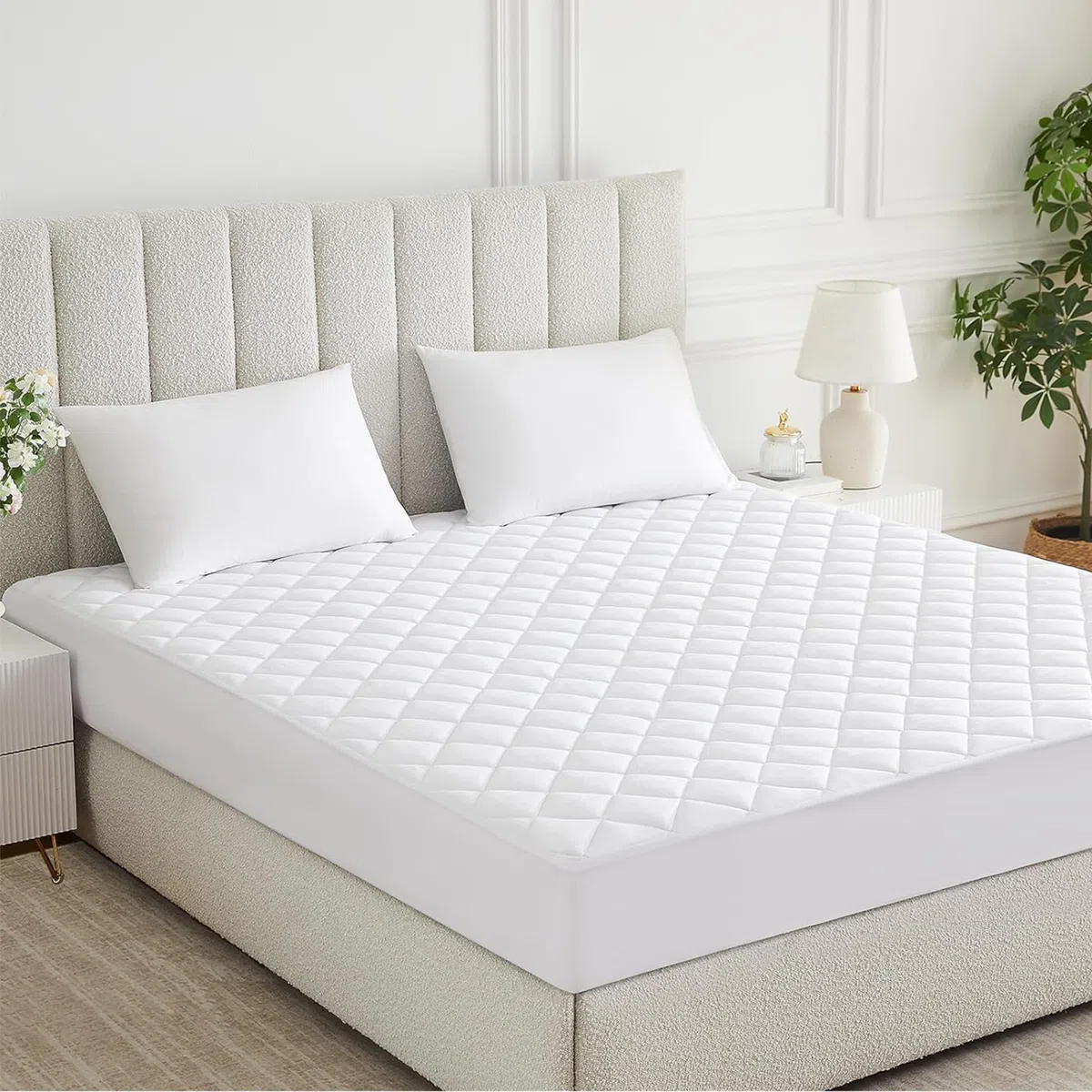 Coprimaterasso trapuntato king size, profondità 30 cm, coprimaterasso anallergico, traspirante, facile da pulire, lavabile in lavatrice, con angoli (bianco, 150 x 200 cm)