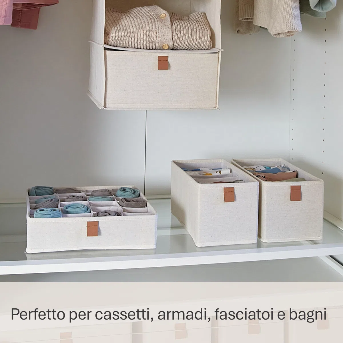 LOVE IT STORE IT Premium Organizer Cassetti -Organizzatore Armadio Pieghevole con 24 Scomparti - Set da 2 - Rinforzi in Cartone -30x30x8cm - Beige