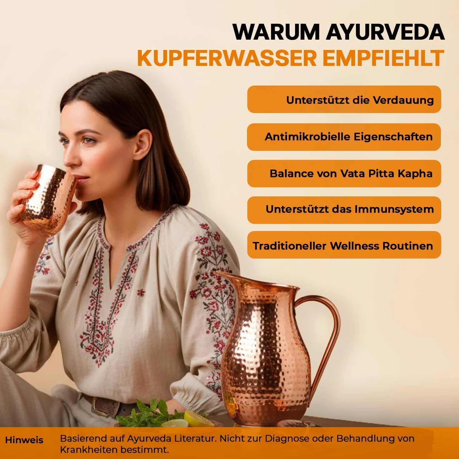 Royal Pure Brocca di rame 1800 ml | 99,99% rame alimentare testato in laboratorio | Senza BPA & antigoccia | Ispirato all'ayurvedica per immunità, digestione, casa e ufficio