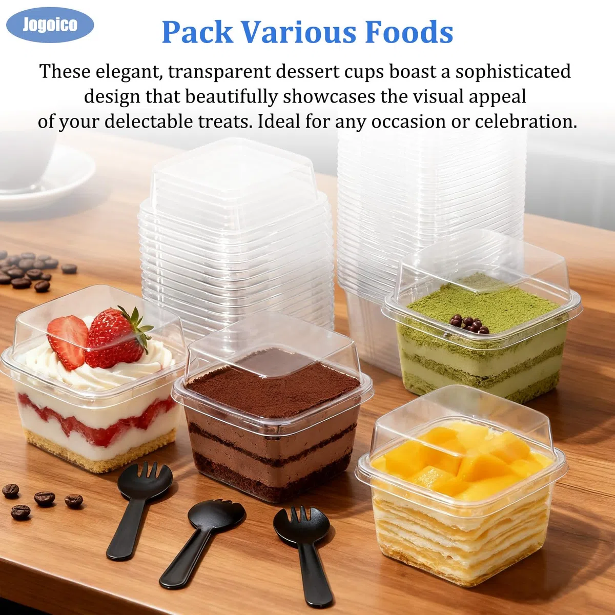 Tazze da Dessert in Plastica con Coperchi 50 Pezzi Coppe da Dessert Quadrate 240ml/8oz Bicchiere da Dessert con Coperchio Coppette per Budino per Mousse Gelati Compleanni Matrimoni