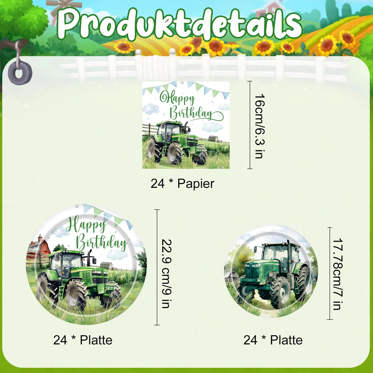 Trattore decorativo compleanno per bambini – 96 pezzi con piatti grandi e piccoli e tovaglioli in fattoria, decorazione per 24 ospiti per trattore a tema e compleanno per bambini ragazzi