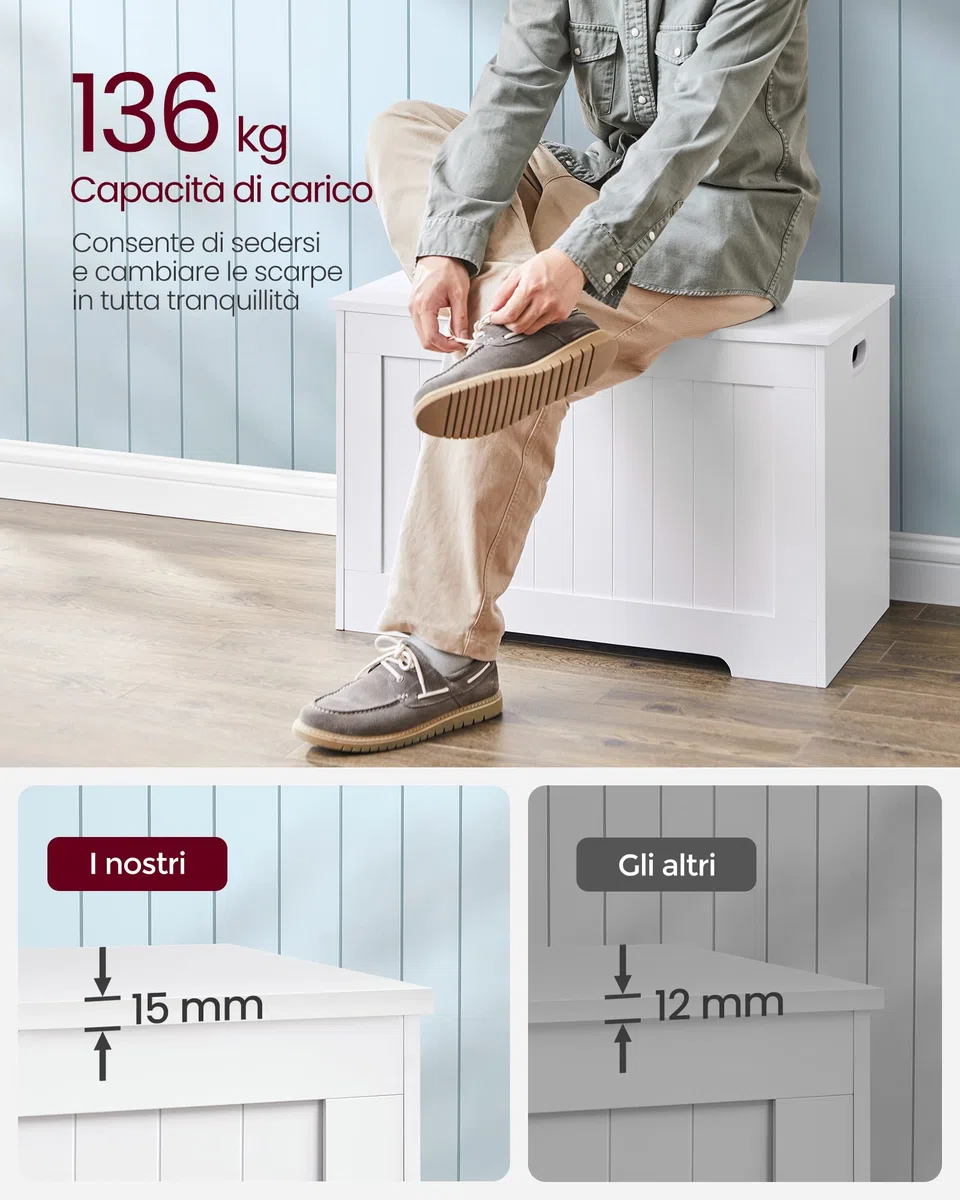 VASAGLE Cassapanca Contenitore, Panchina da Ingresso con 2 Cerniere di Sicurezza, Stile Rustico, 40 x 76 x 48 cm, per Ingresso, Camera da Letto, Soggiorno, Bianco Nuvola LHS11WT