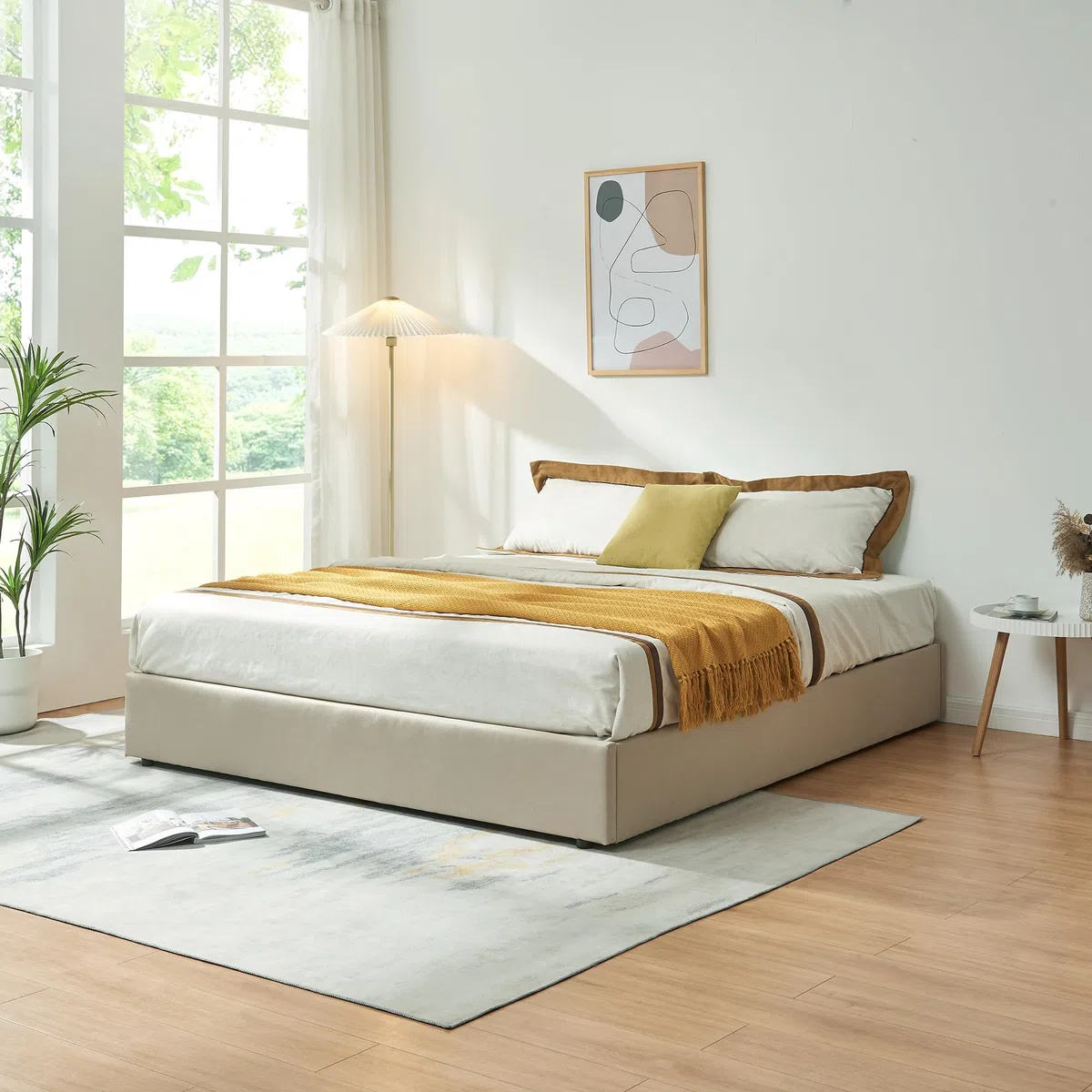 [en.casa] Struttura Letto Matrimoniale King Size 180x200 cm con Zona di Riposo Ribaltabile Contenitore Letto Doppio a 2 Piazze Rivestito in Tessuto Effetto Lino - Beige