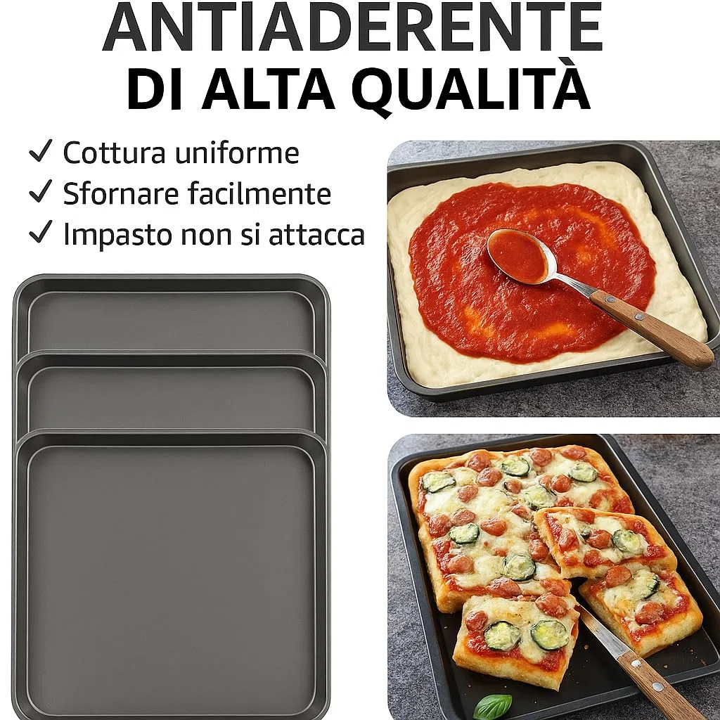 3 Tris teglia da forno pizza quadra quadrata cm 34x34x4,5h cm